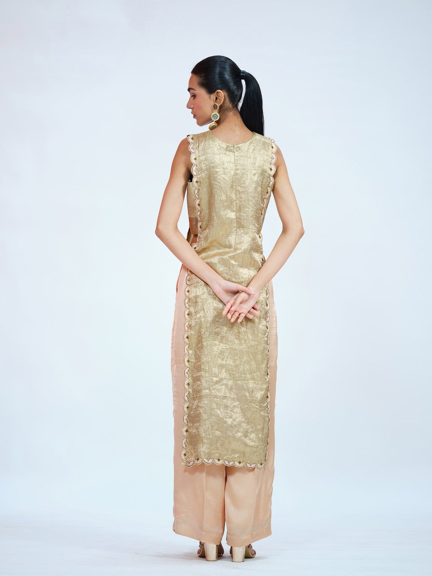 Peach Tissue Brocade Kurta Set