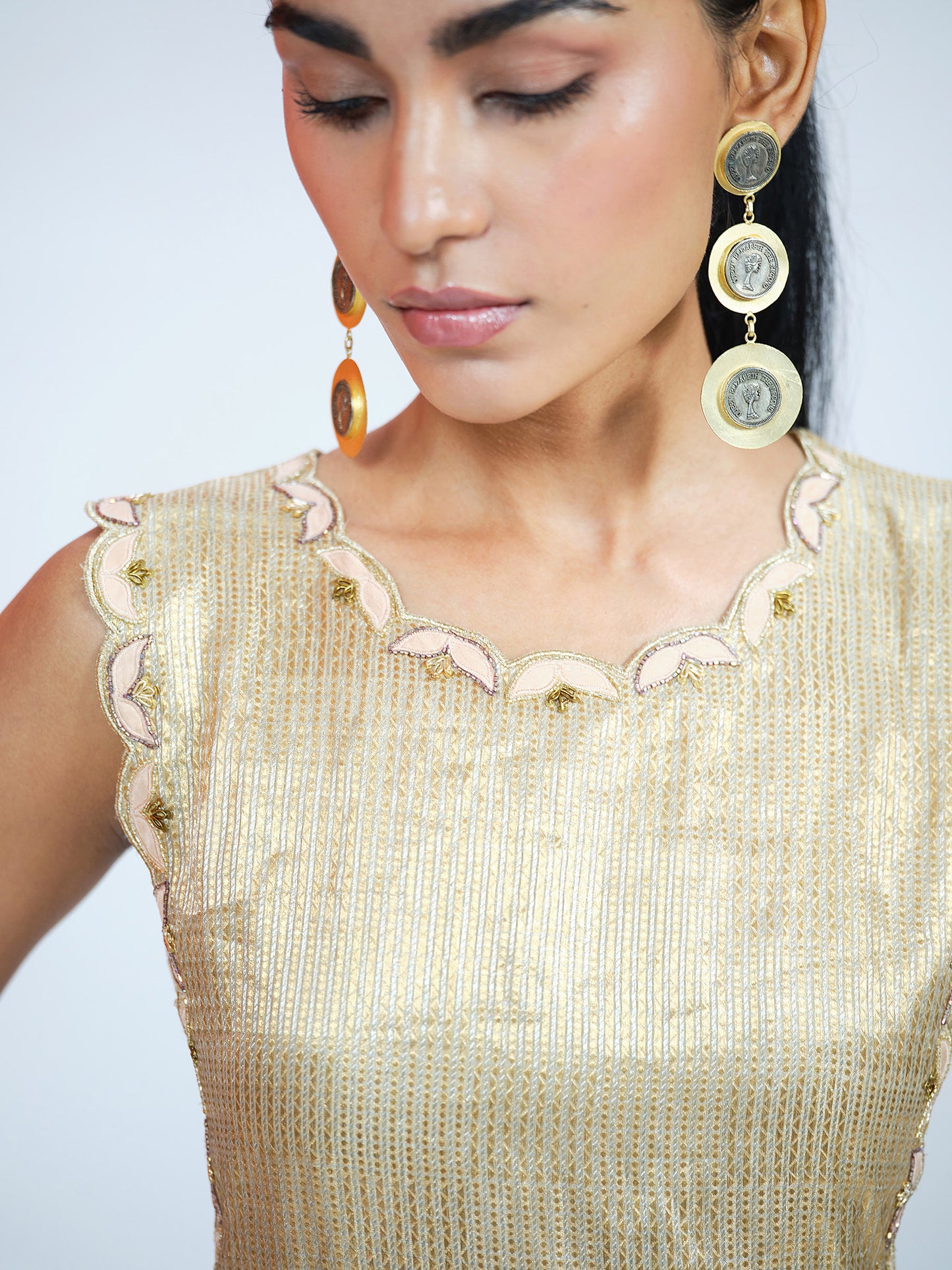 Peach Tissue Brocade Kurta Set