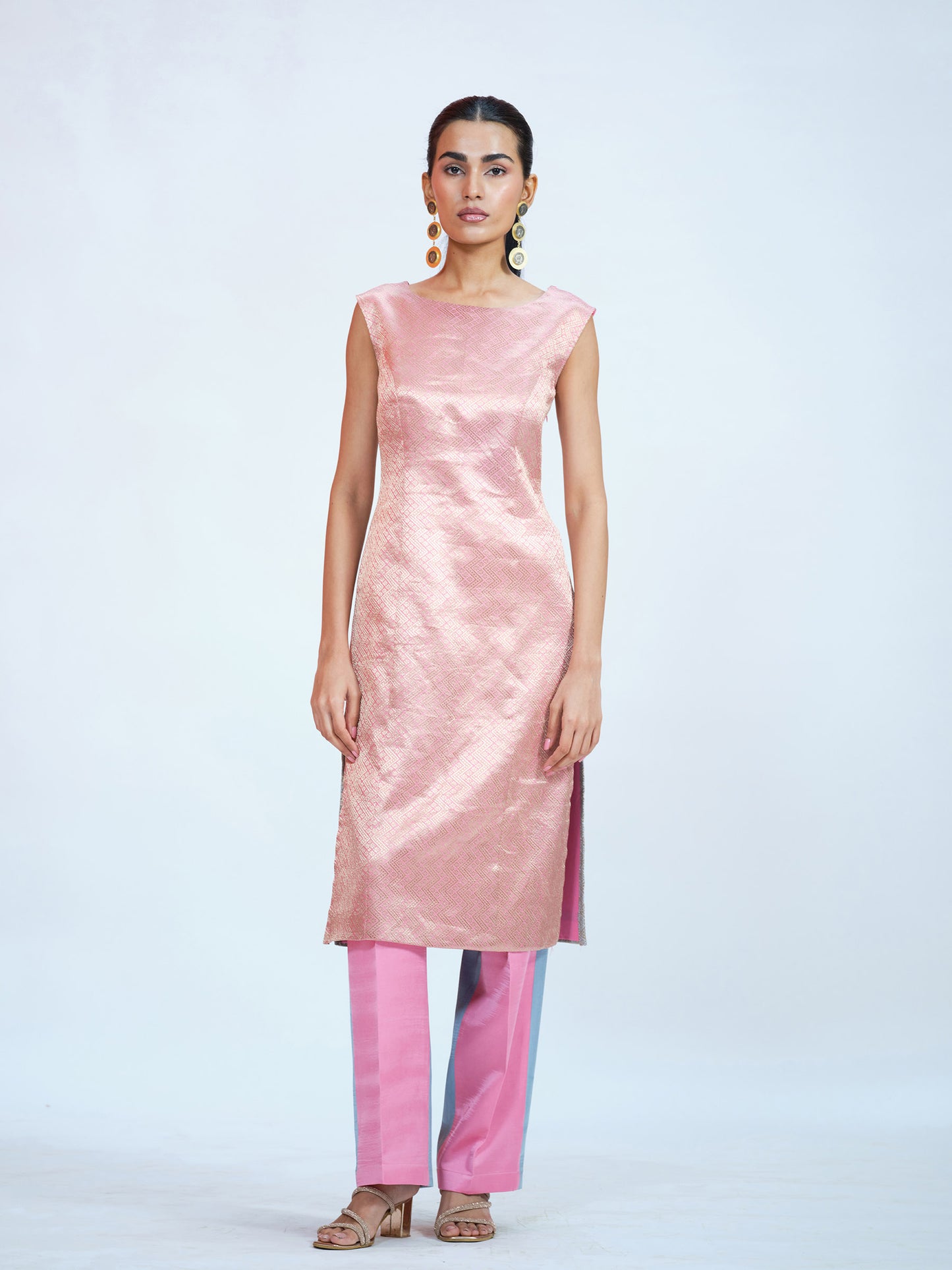 Pink Blue Brocade Kurta Set