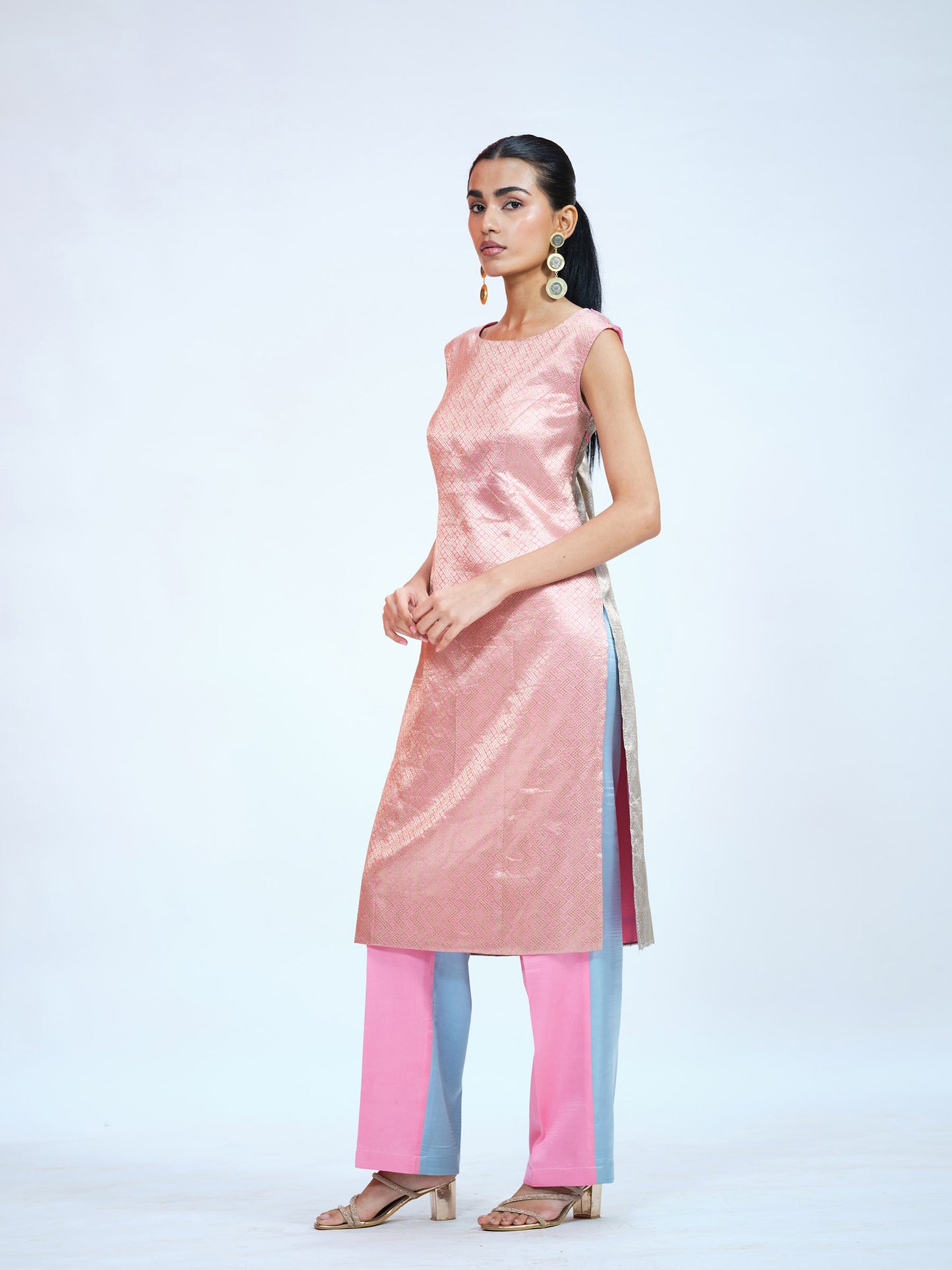 Pink Blue Brocade Kurta Set
