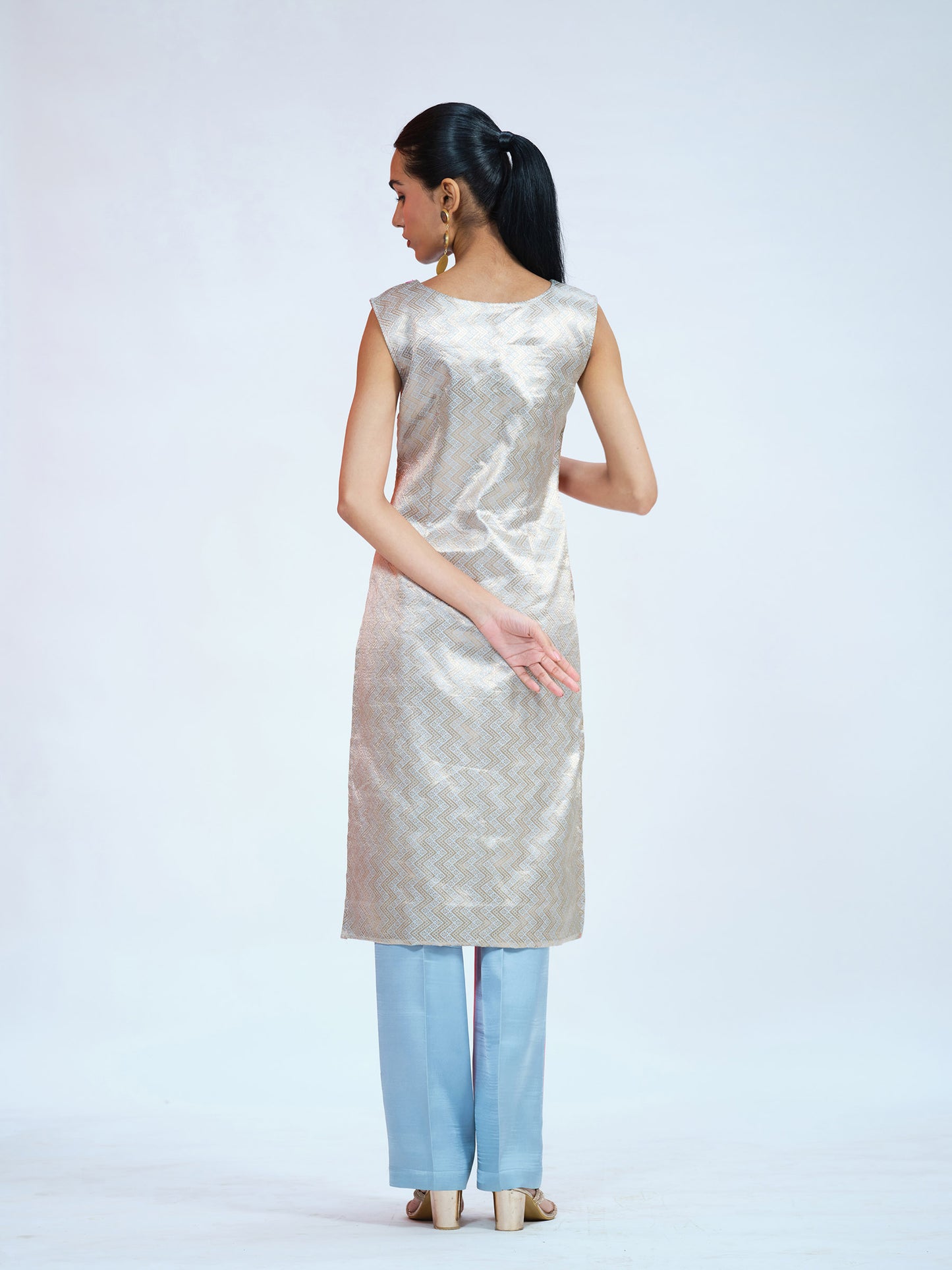 Pink Blue Brocade Kurta Set