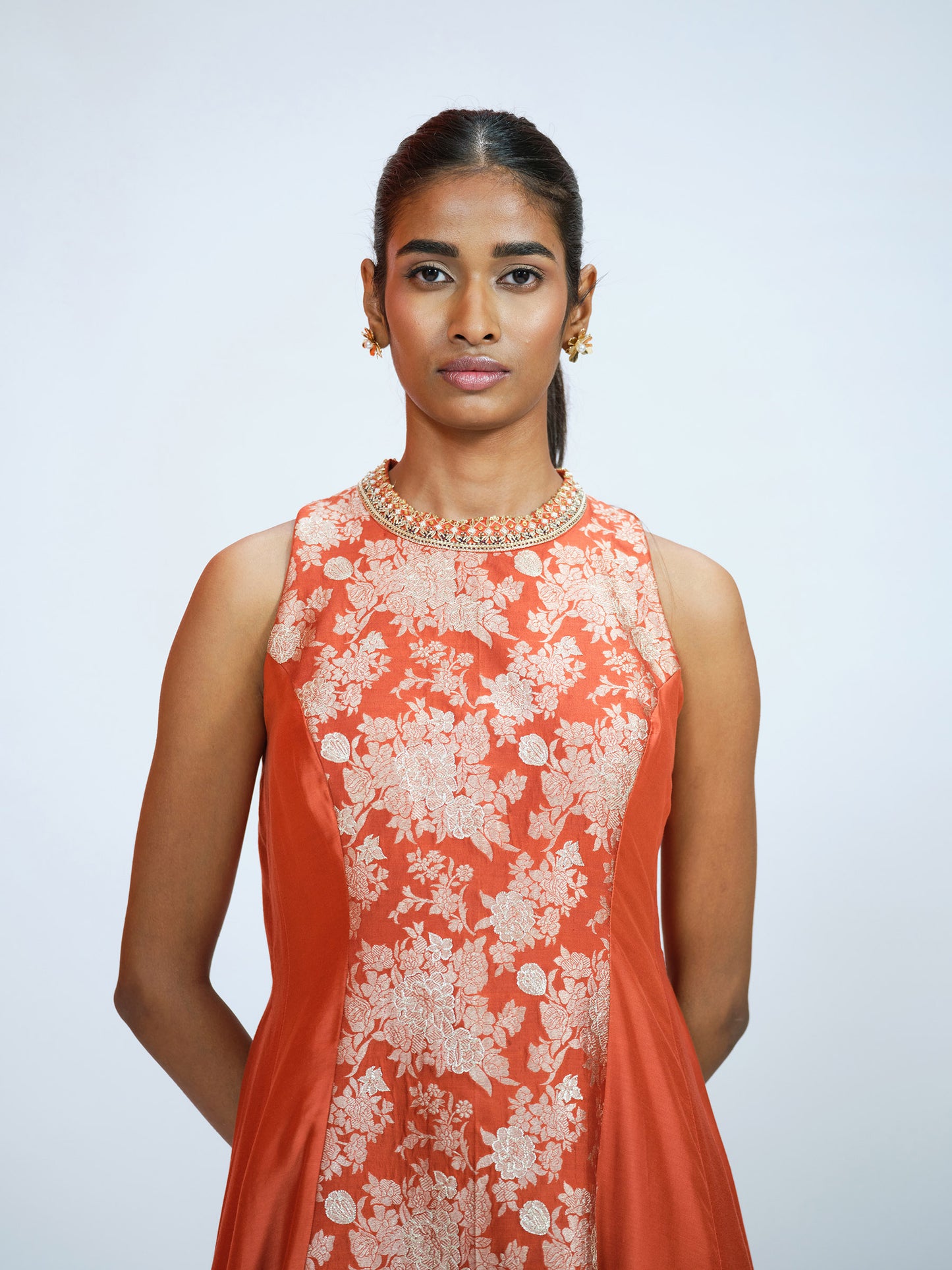 Rust Brocade Anarkali Set