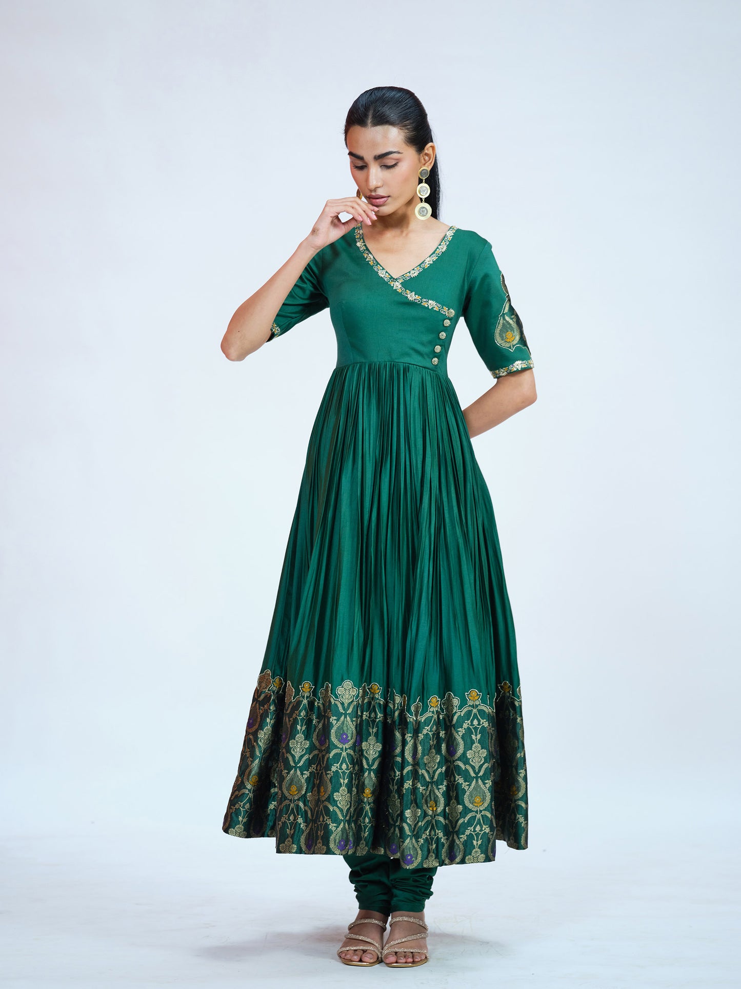 Green Silk-Brocade Anarkali Set