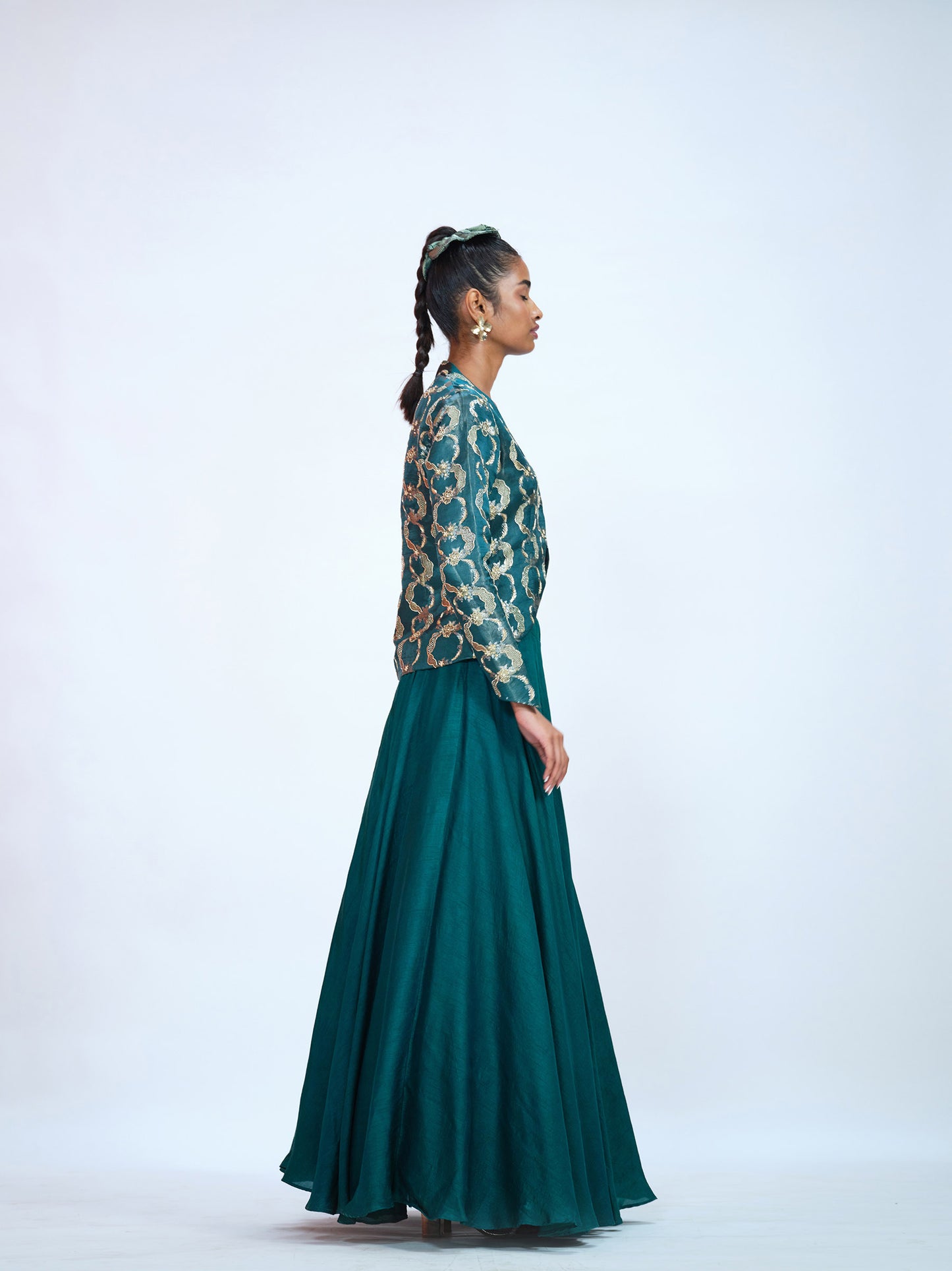 Silk Bottle Green Jacket-Lehenga