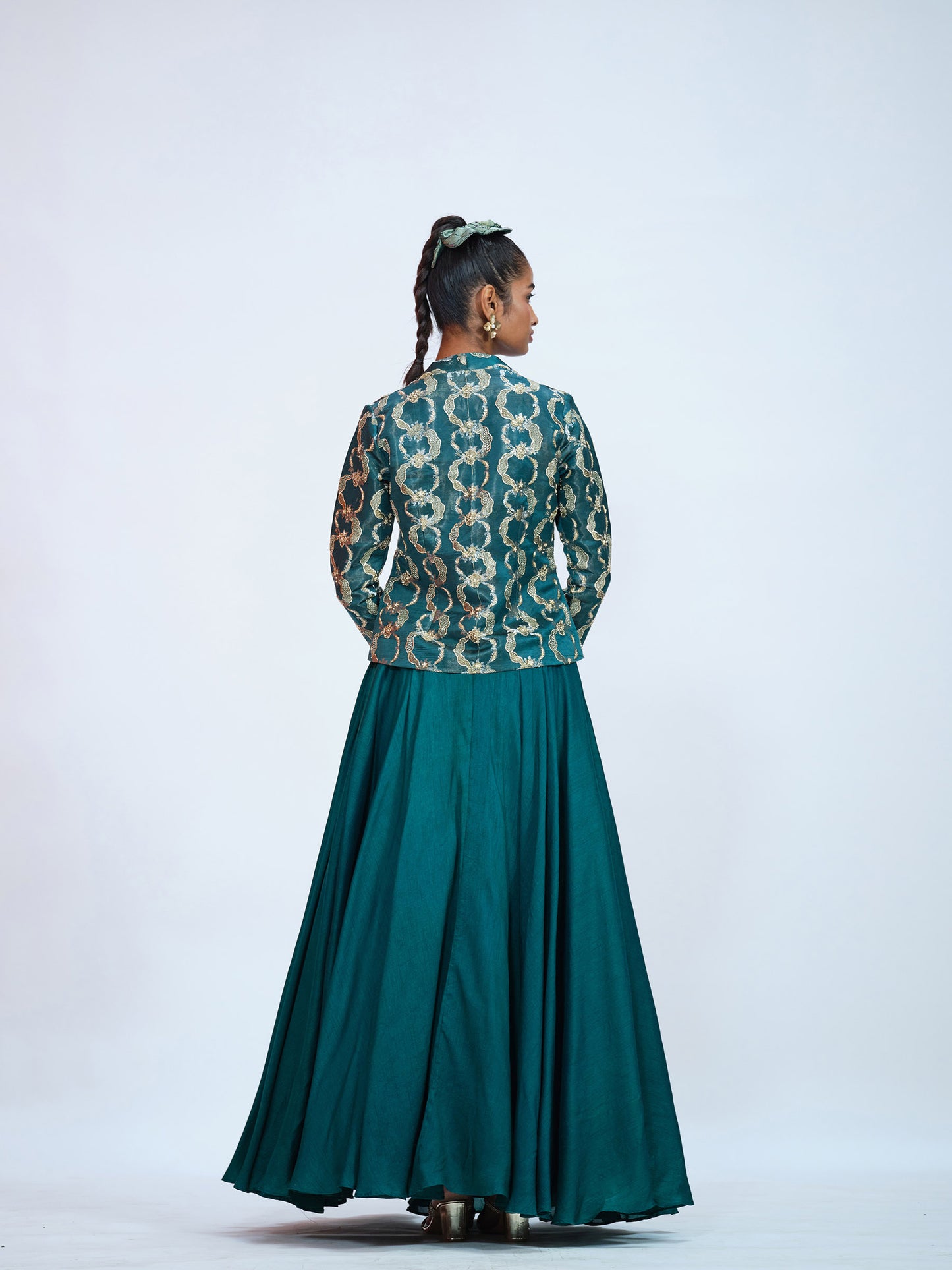 Silk Bottle Green Jacket-Lehenga