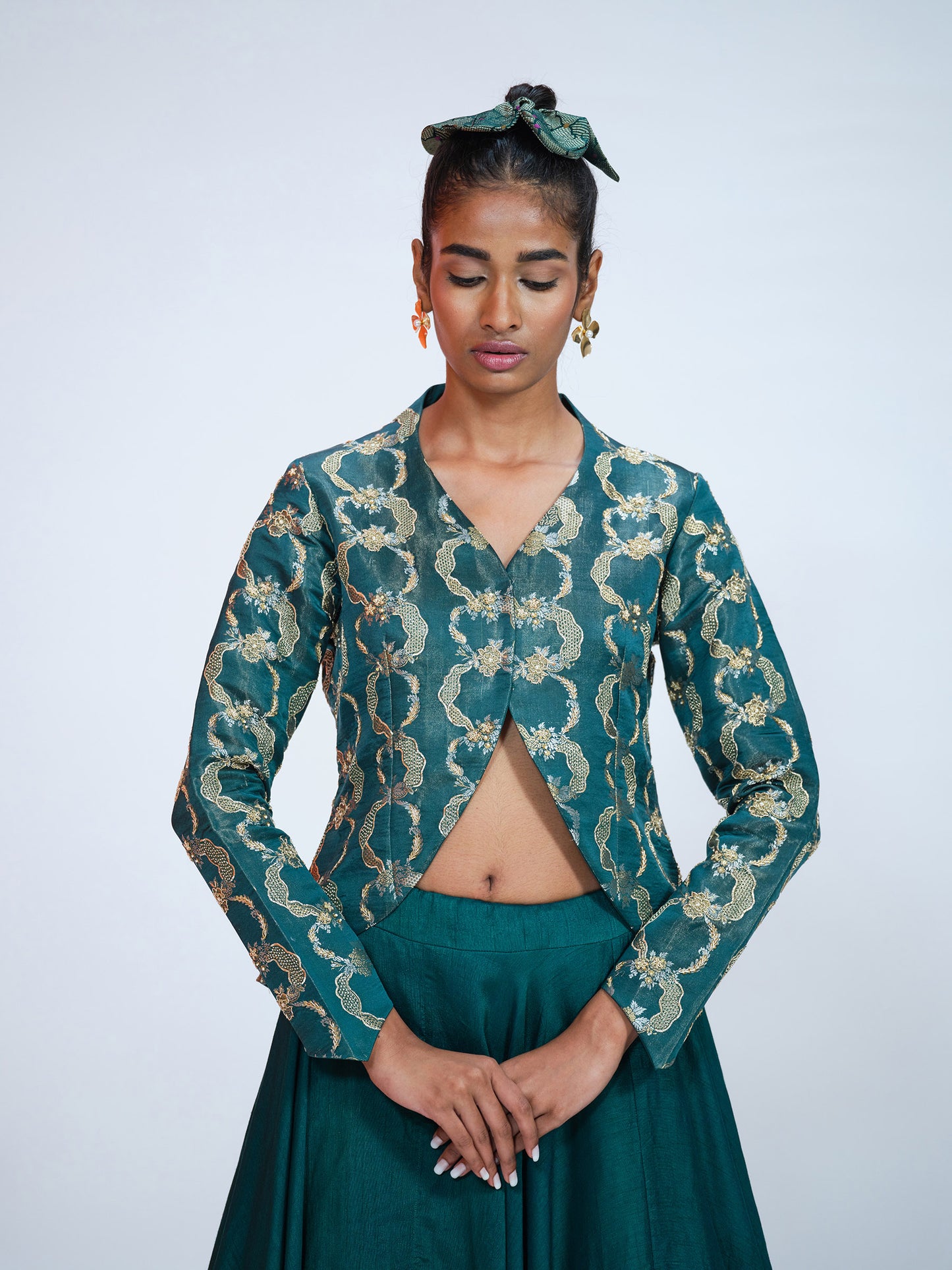 Silk Bottle Green Jacket-Lehenga