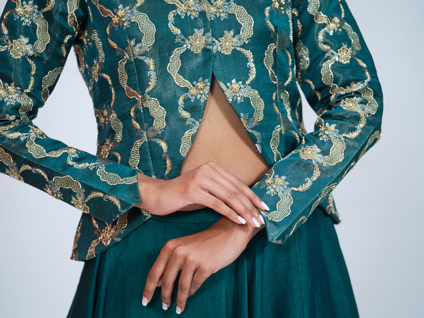 Silk Bottle Green Jacket-Lehenga