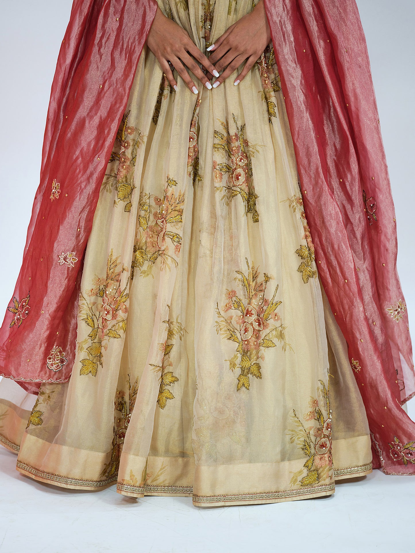 Floral Beige Tissue Lehenga
