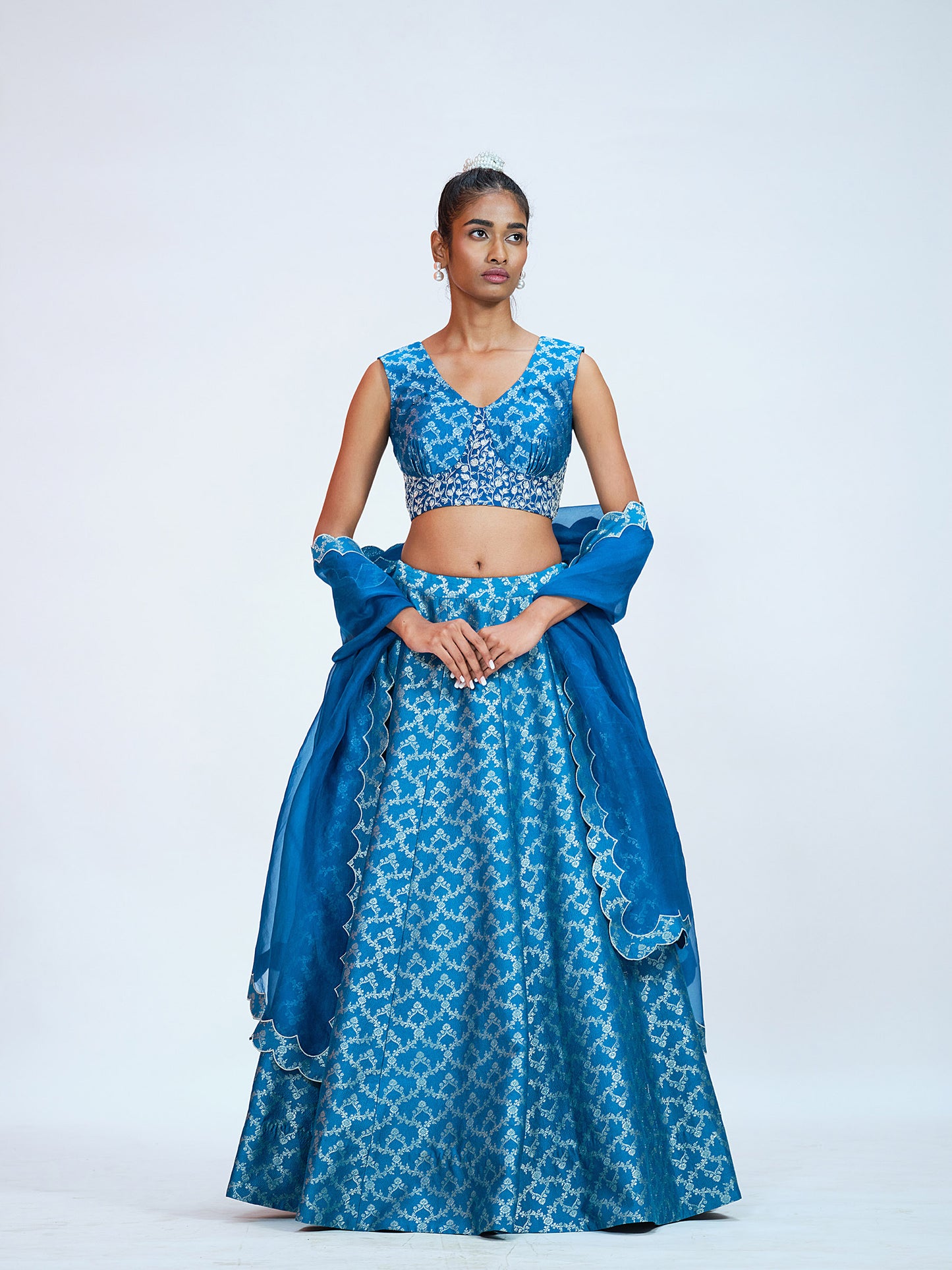Teal Blue Brocade Lehenga