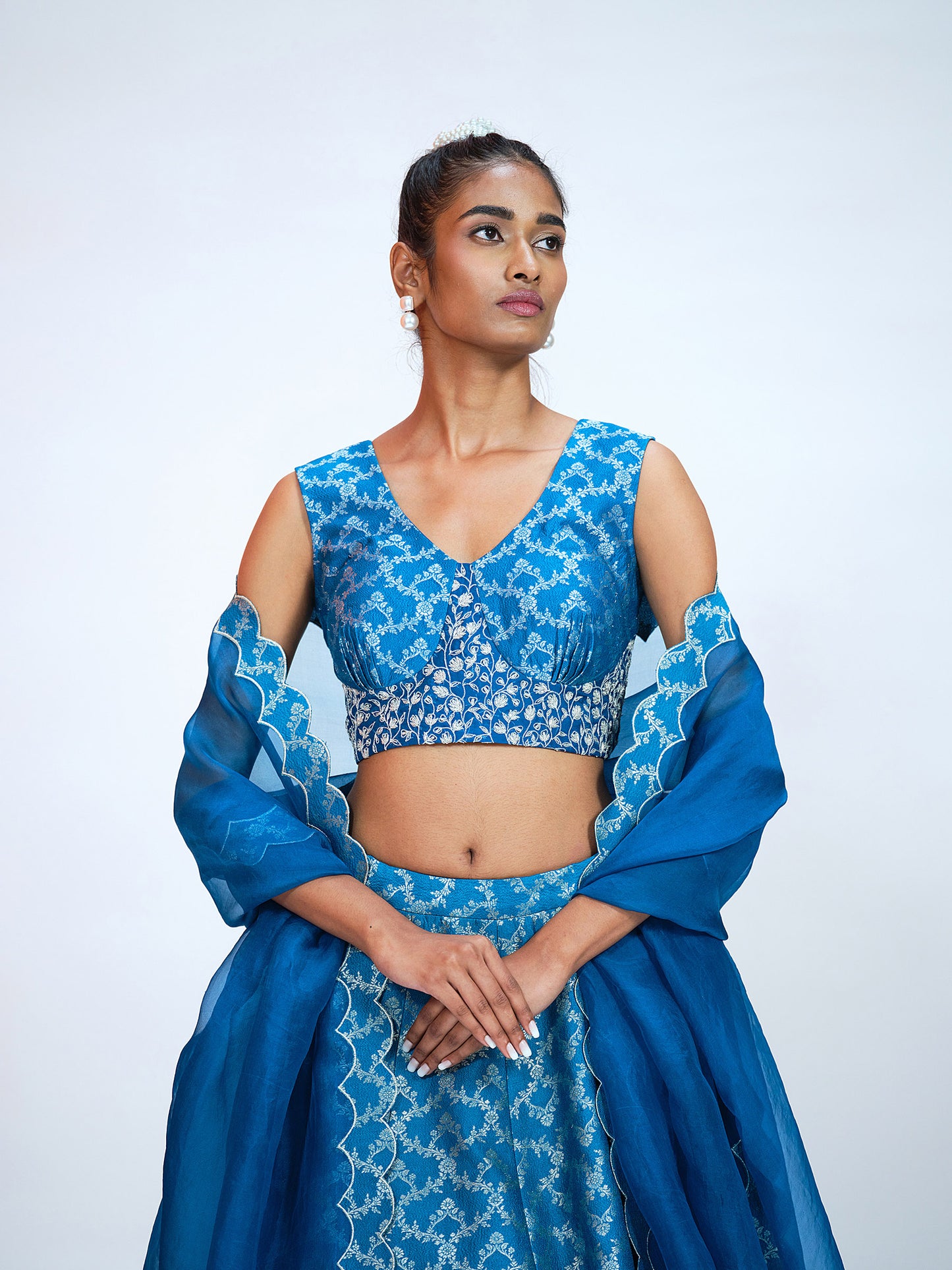 Teal Blue Brocade Lehenga