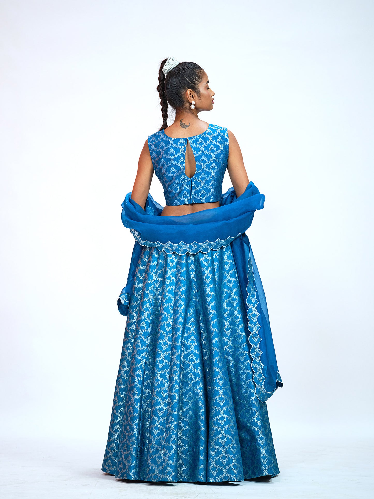Teal Blue Brocade Lehenga