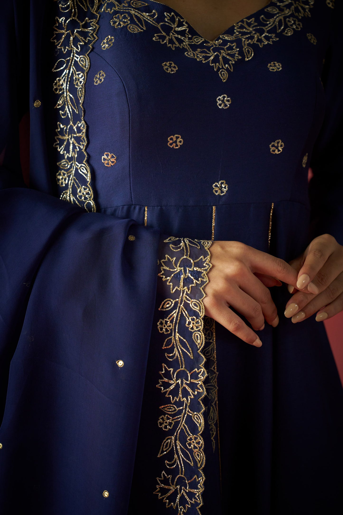 Dark Blue Anarkali, Pants And Dupatta With Hand Embriodered Details