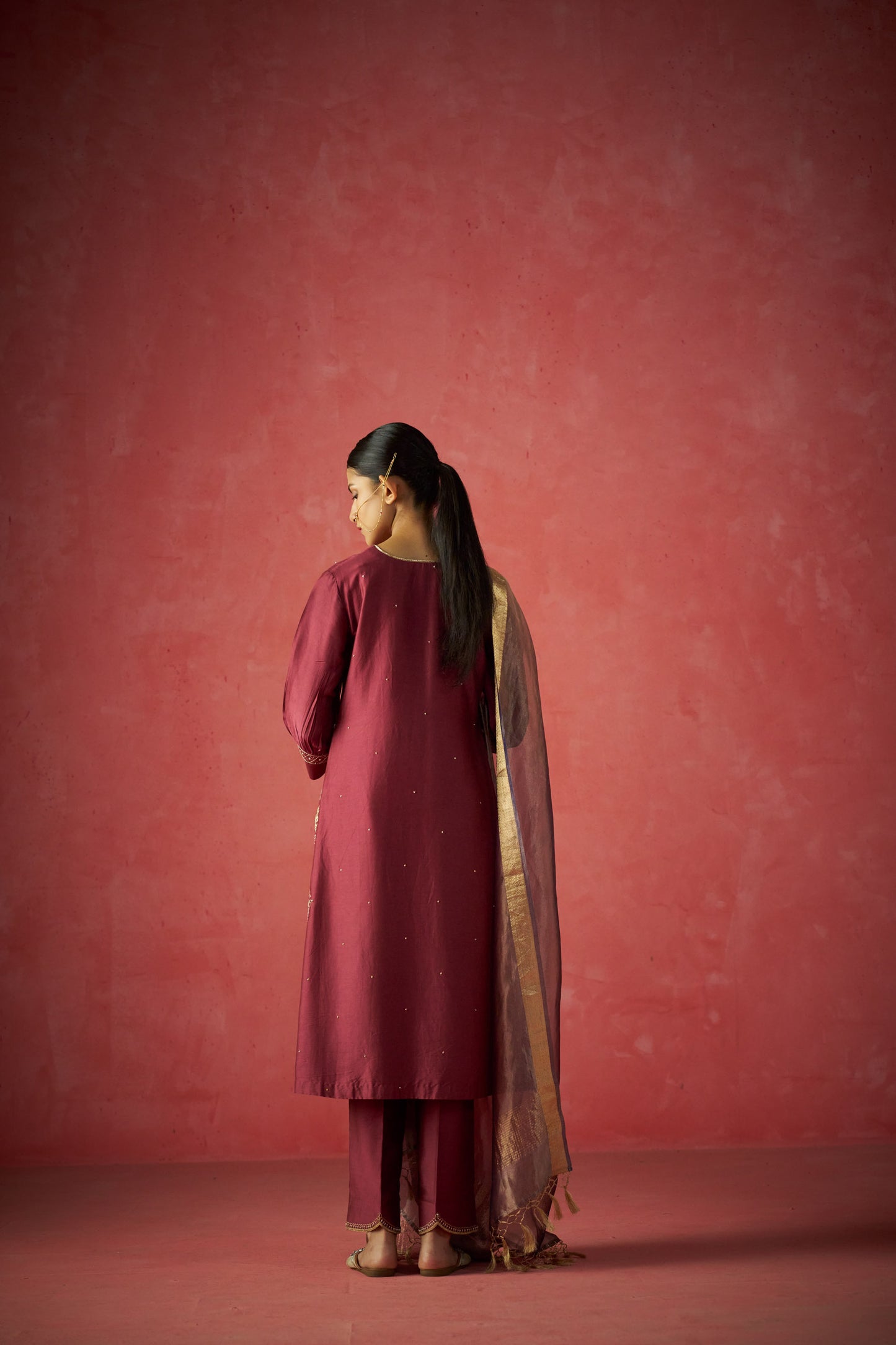 Maroon Kurta, Pants And Shaded Tissue Dupatta With Hand Embroidered Details