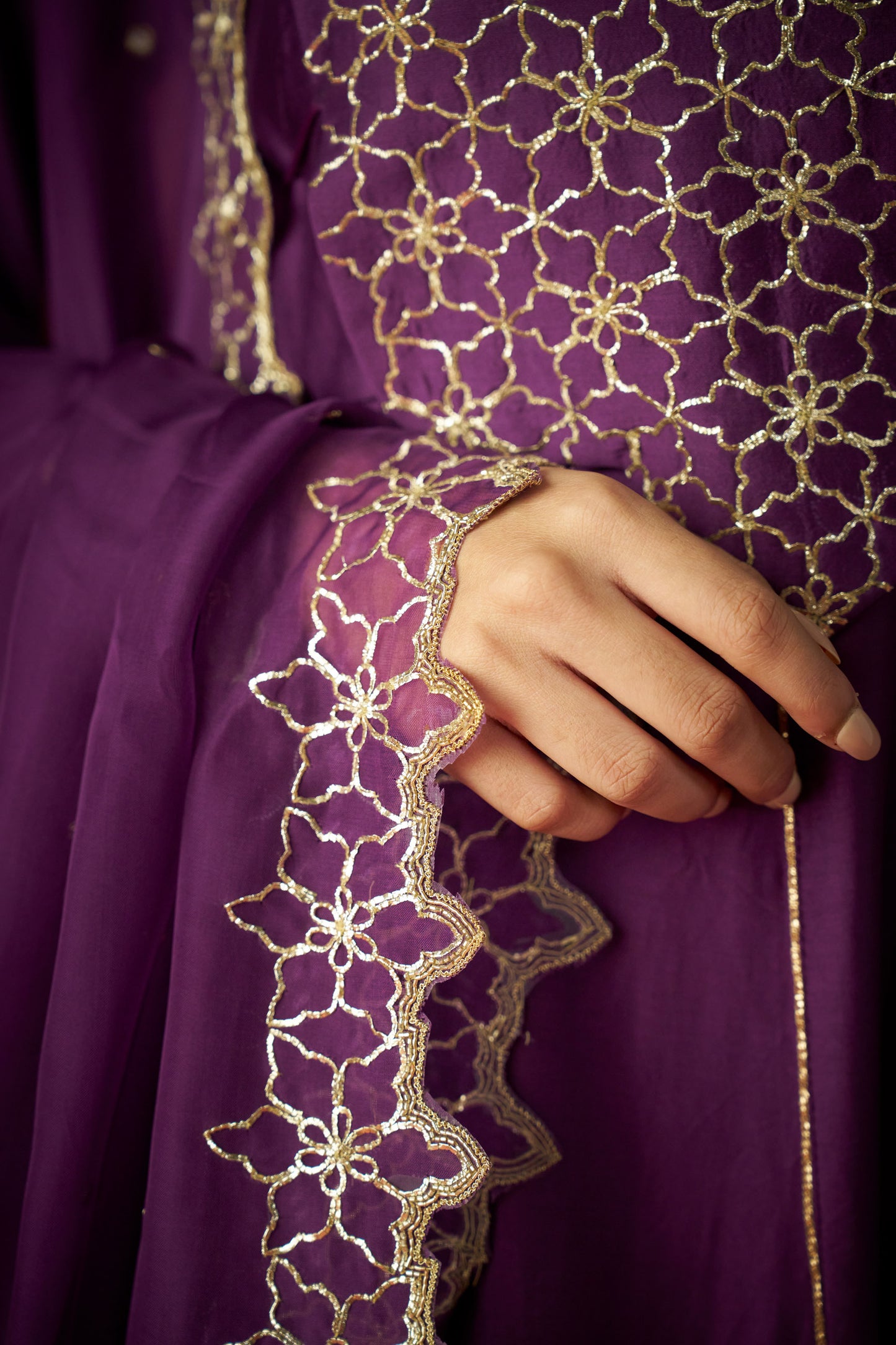 Purple Anarkali, Pants And Dupatta With Hand Embroidered Details