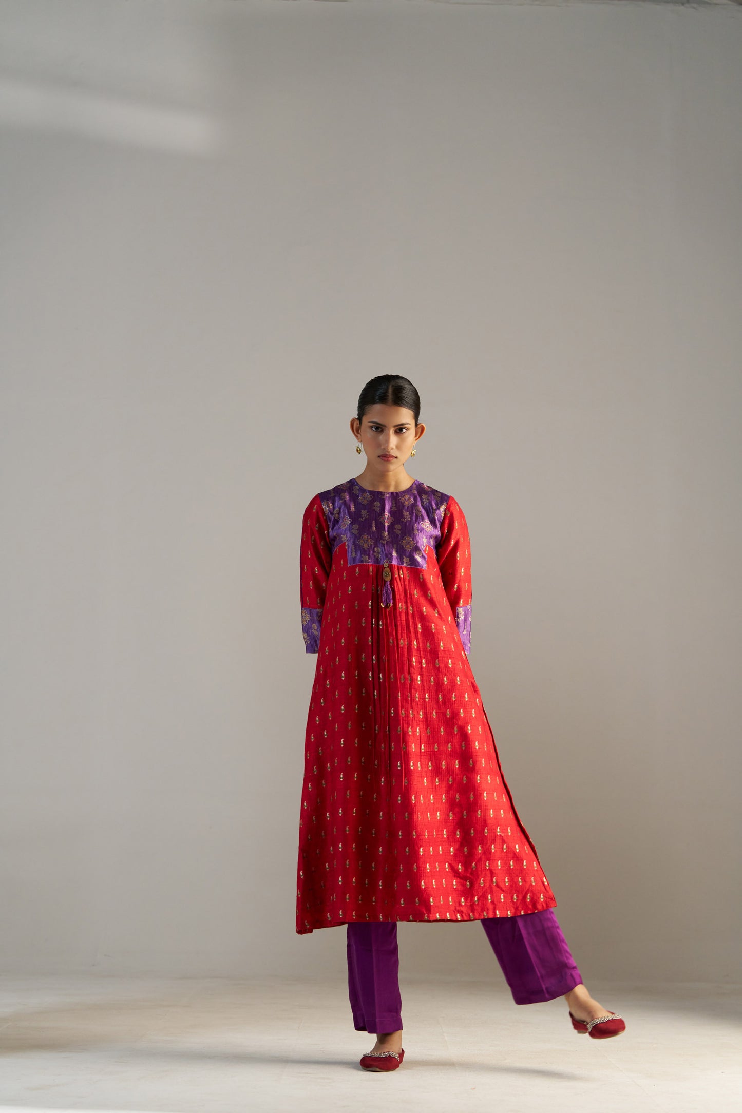 Purple And Red Brocade A-line Kurta Set