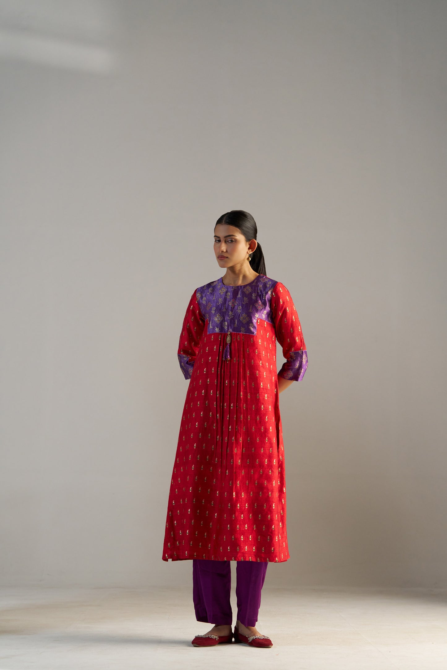 Purple And Red Brocade A-line Kurta Set