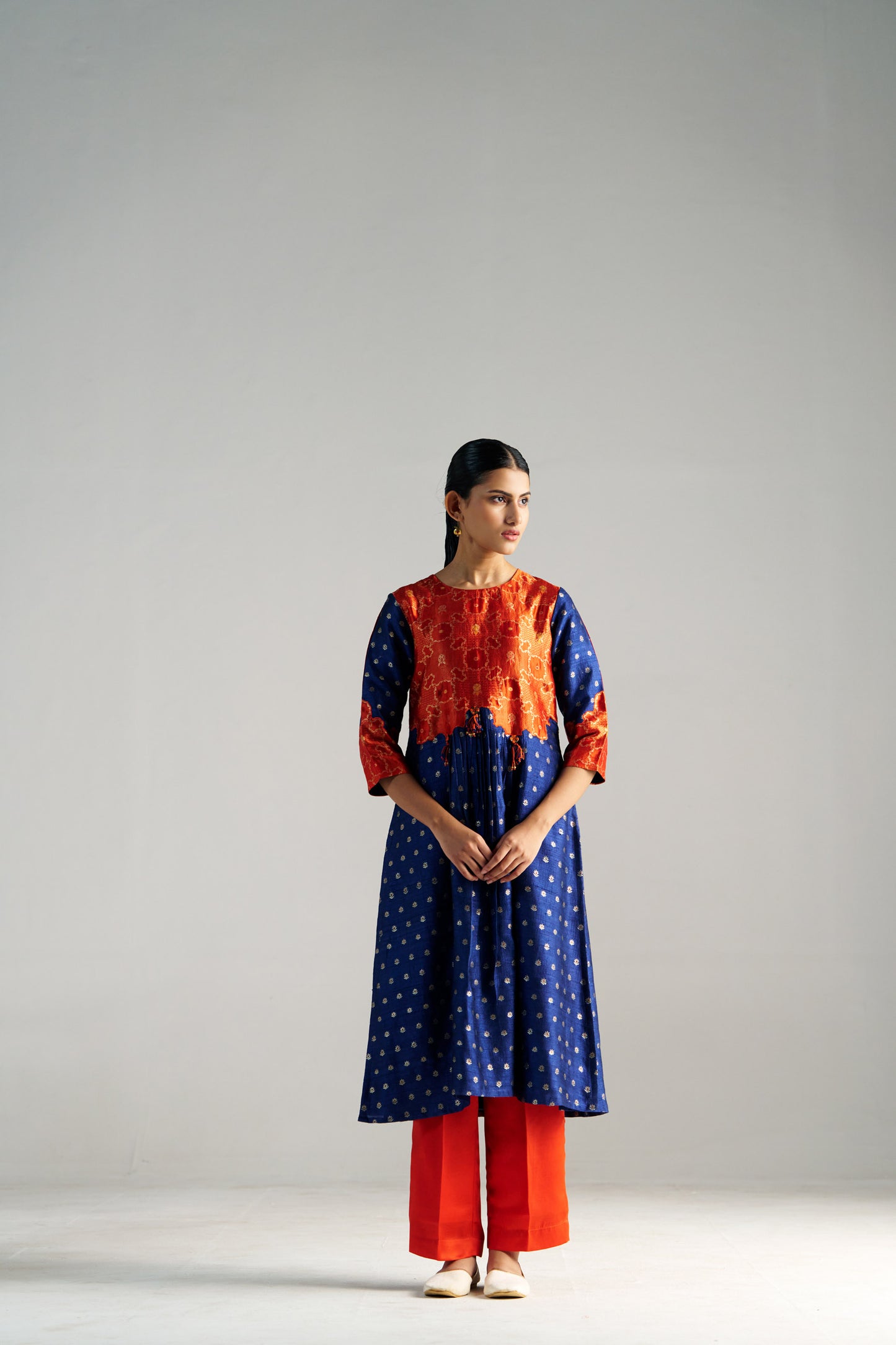 Orange And Blue Brocade A-line Kurta Set