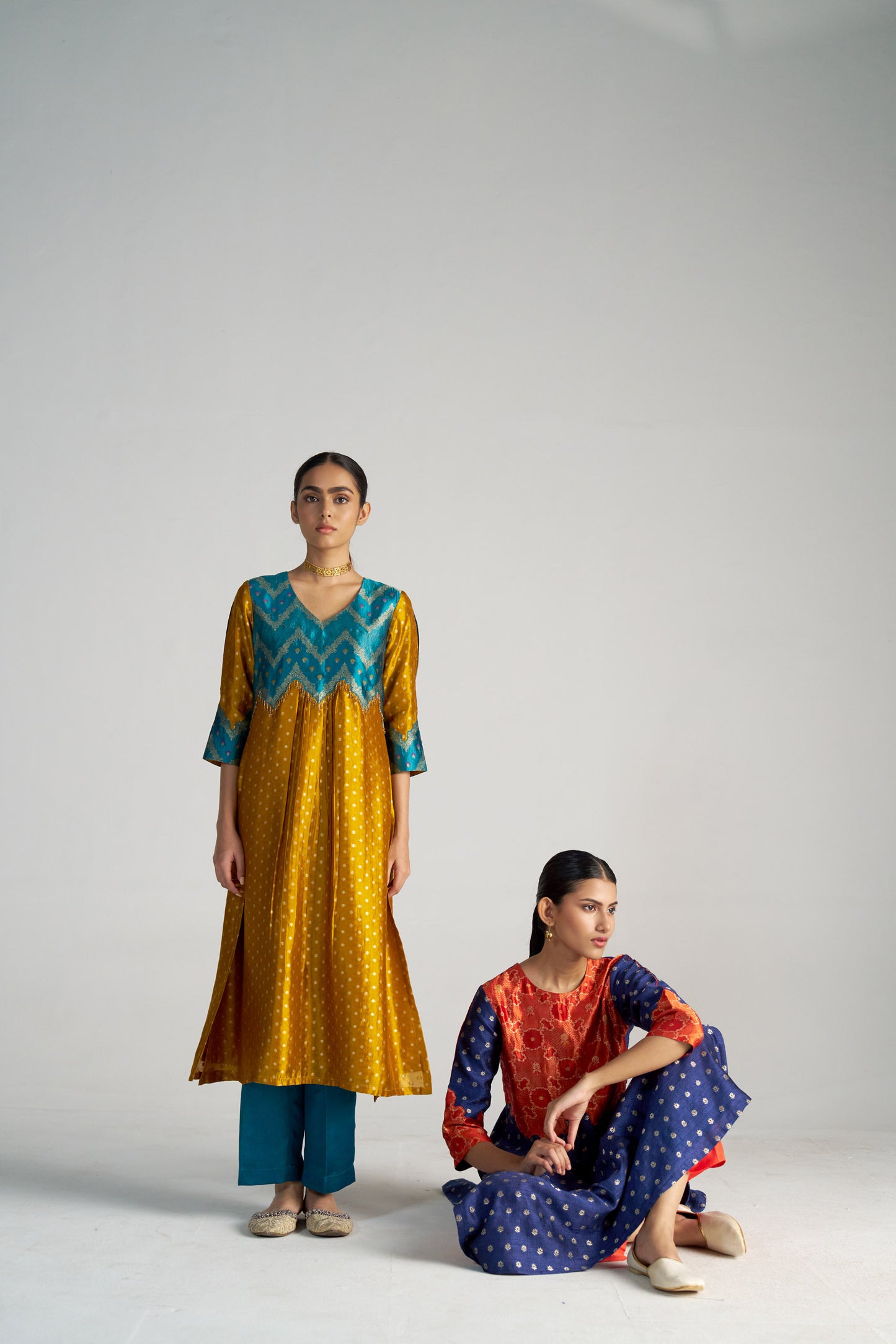 Teal Blue And Yellow Brocade A-line Kurta Set
