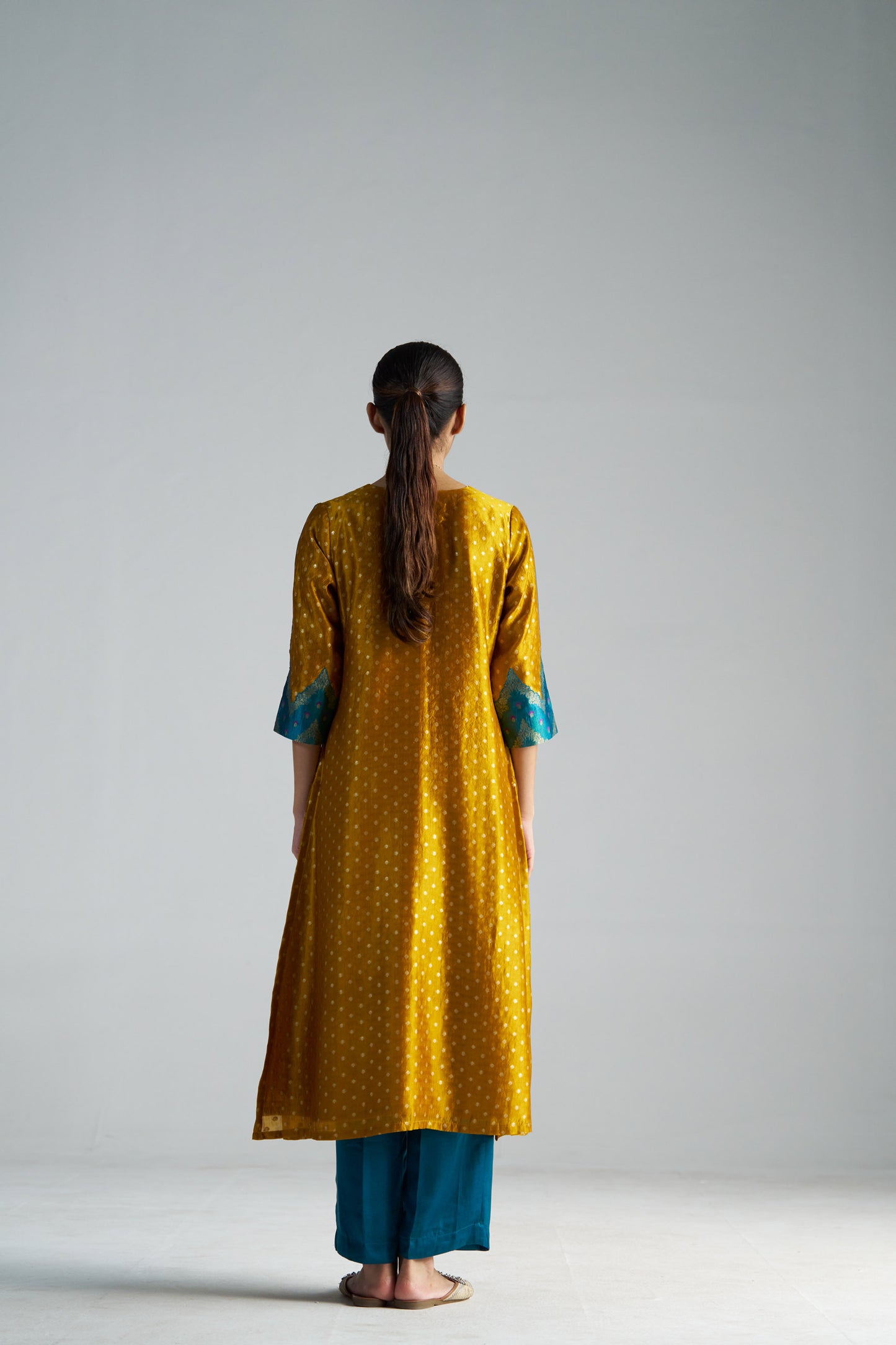 Teal Blue And Yellow Brocade A-line Kurta Set