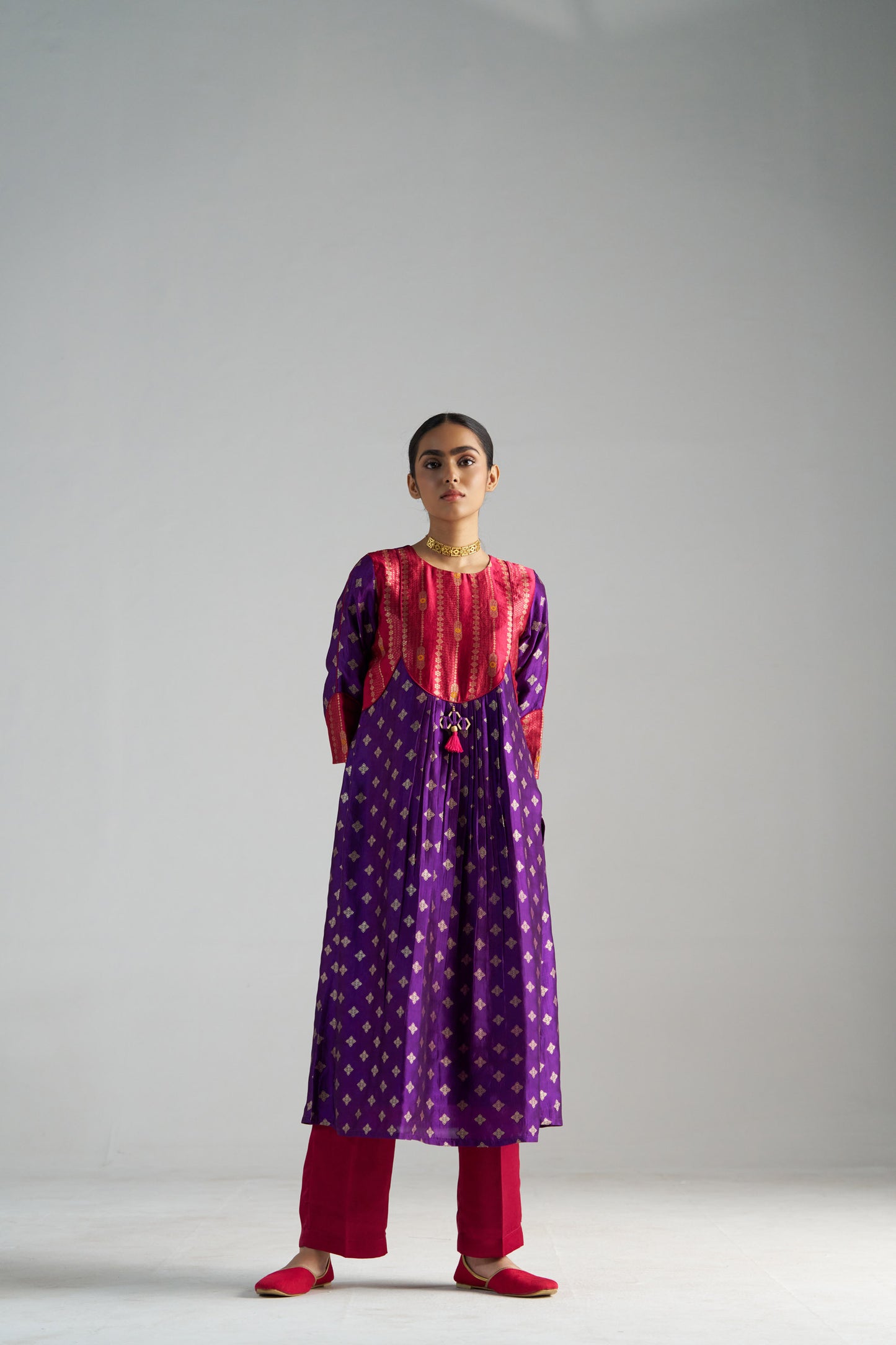 Pink And Purple Brocade A-line Kurta With Pants