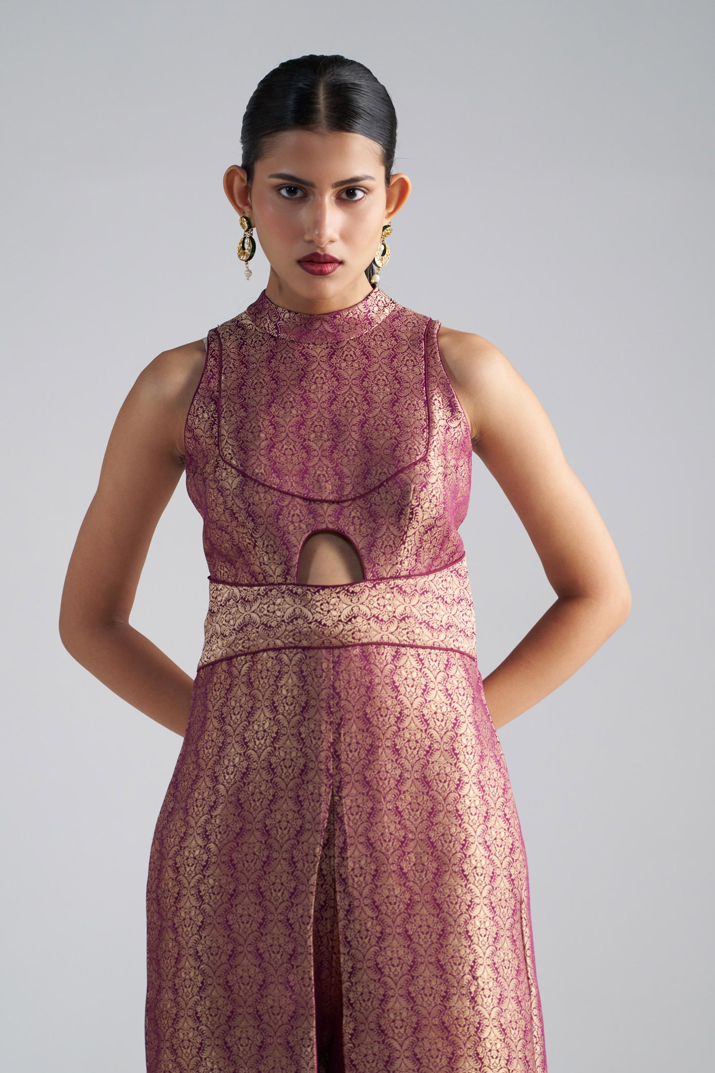 Wine Brocade Jumpsuit