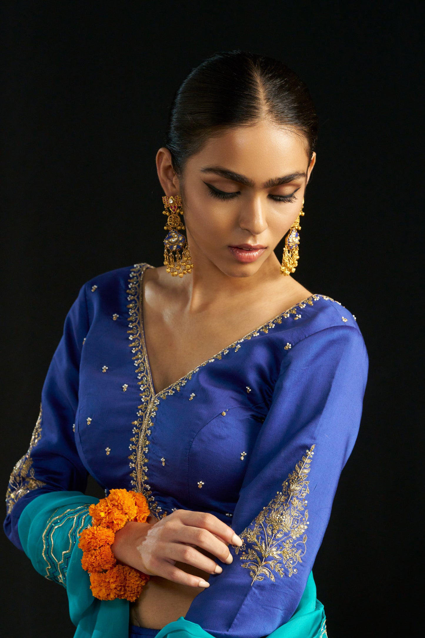Blue Lehengha Set And Dupatta With Hand Embroidered Details