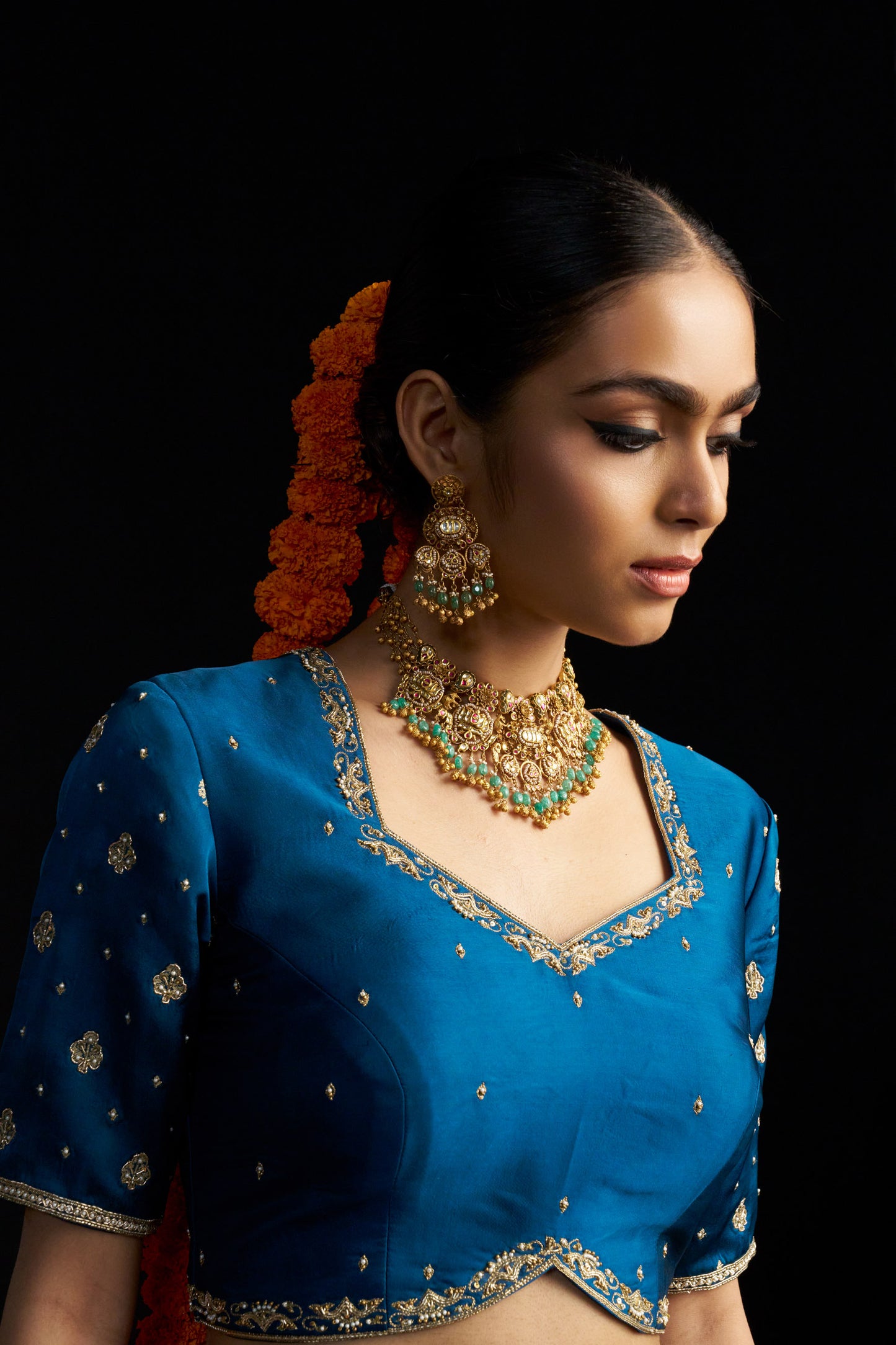 Blue Banarasi Lehengha, Blouse Paired With Organza Handembroidered Dupatta