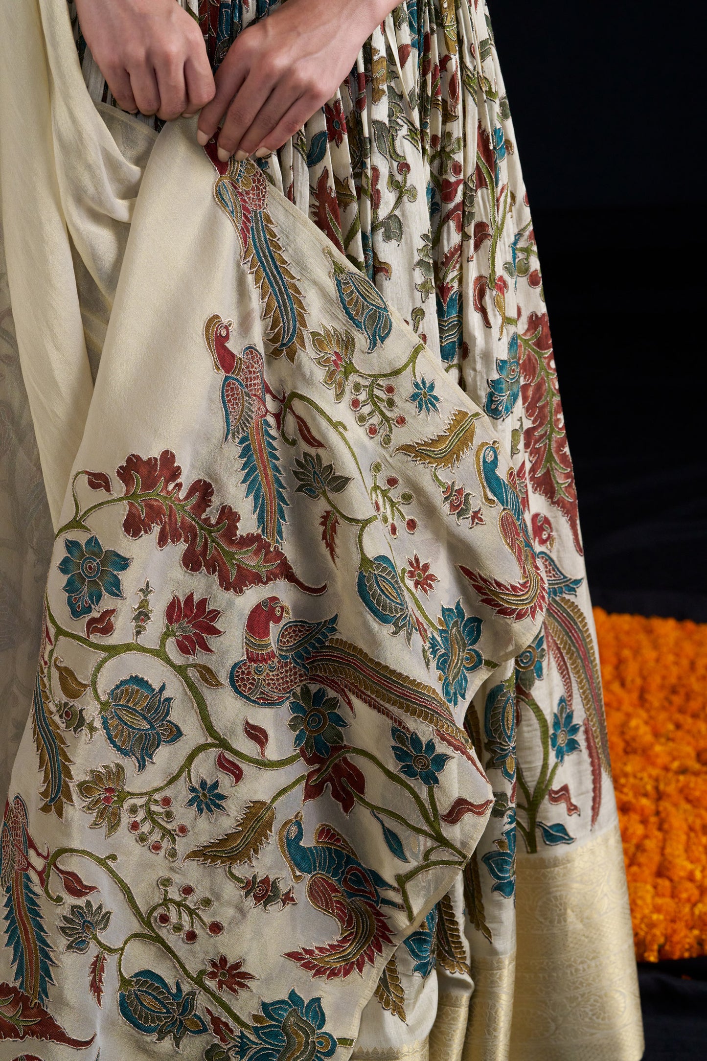 Beige Kanjivaram Kalamkari Lehengha Blouse With Tissue Dupatta