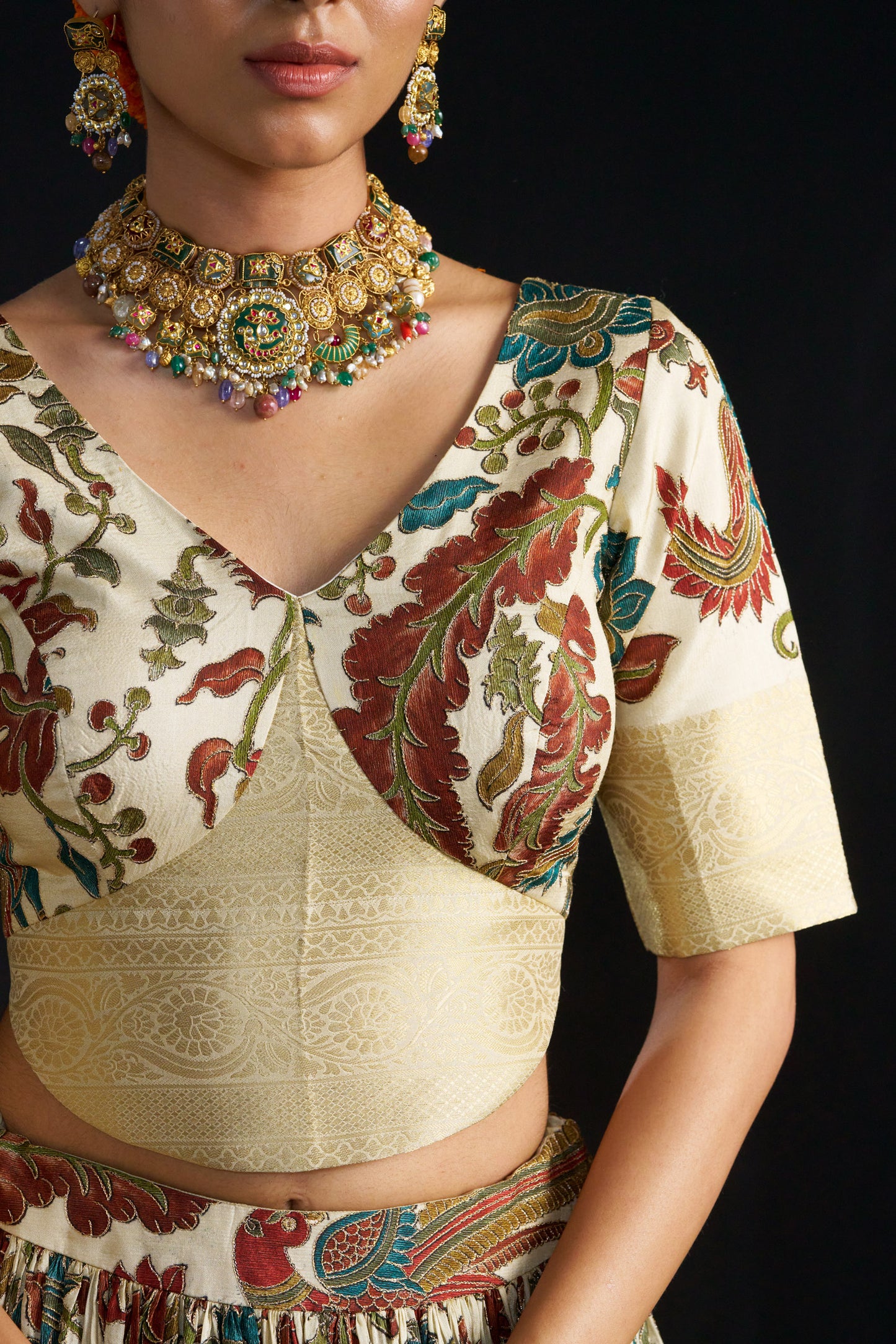 Beige Kanjivaram Kalamkari Lehengha Blouse With Tissue Dupatta