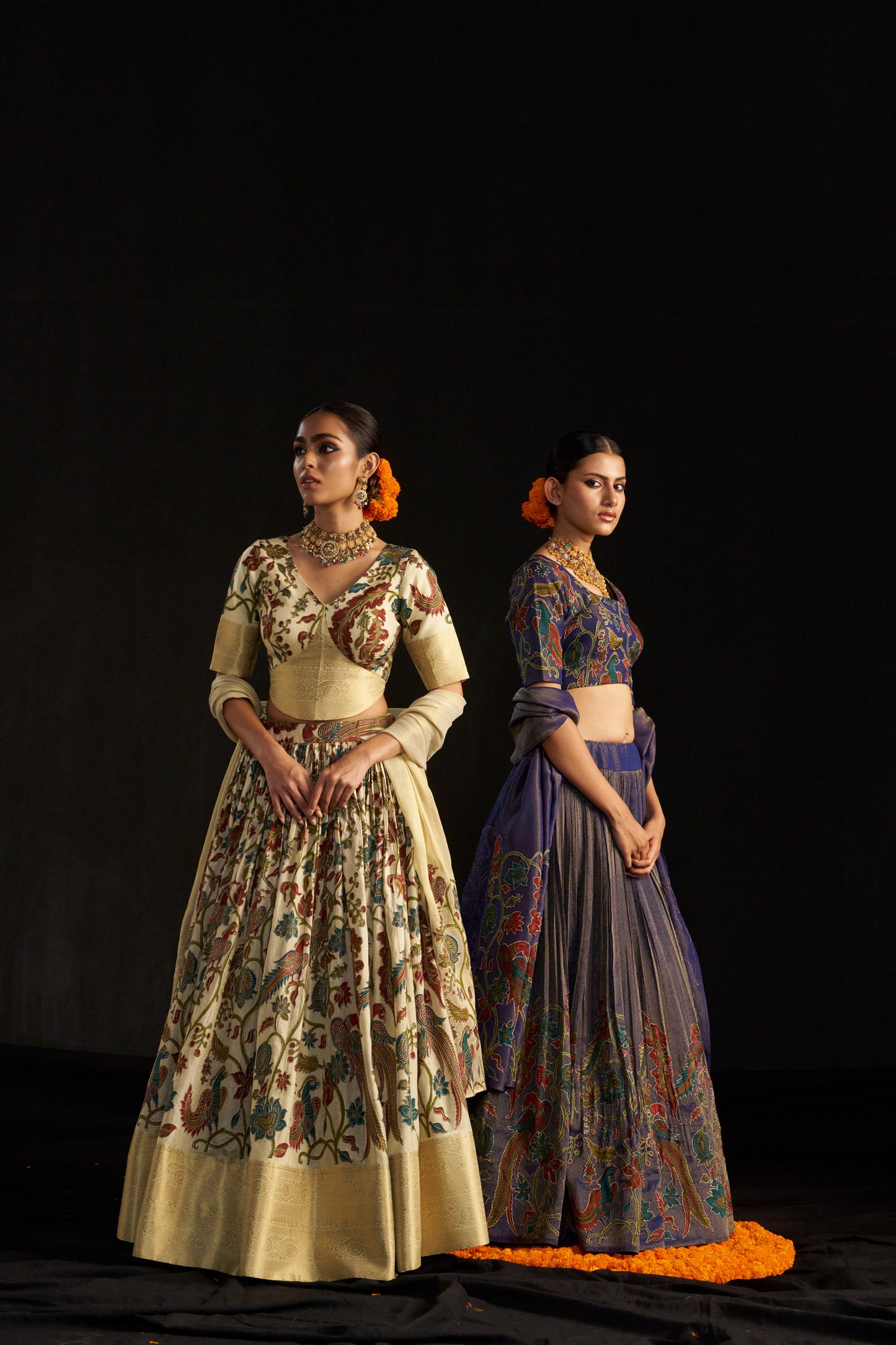 Beige Kanjivaram Kalamkari Lehengha Blouse With Tissue Dupatta