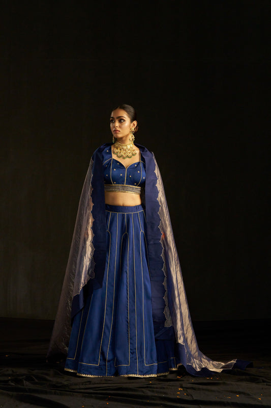 Blue Silk Lehenga with Pure Tissue Dupatta & Handwork Embroidery