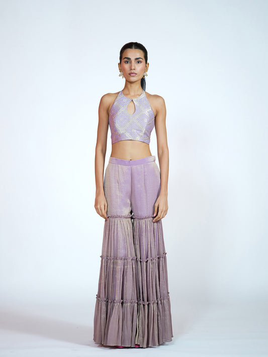 Purple Brocade-Tissue Palazzo Set