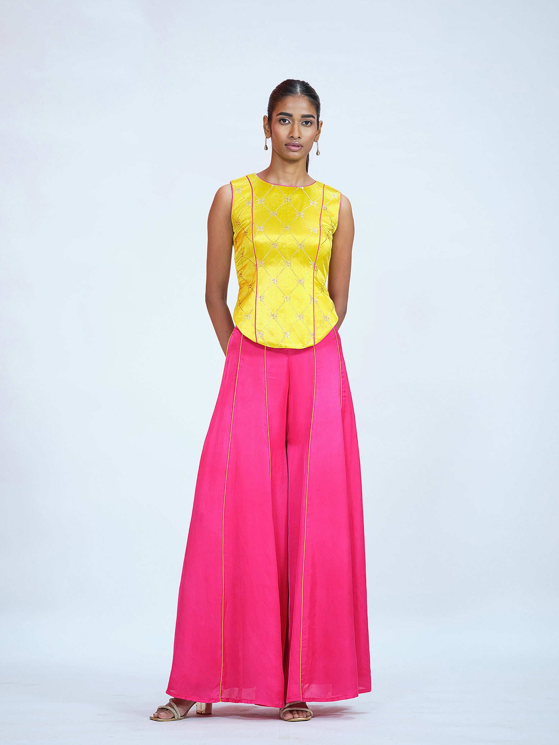 Yellow Brocade & Pink Palazzo Set