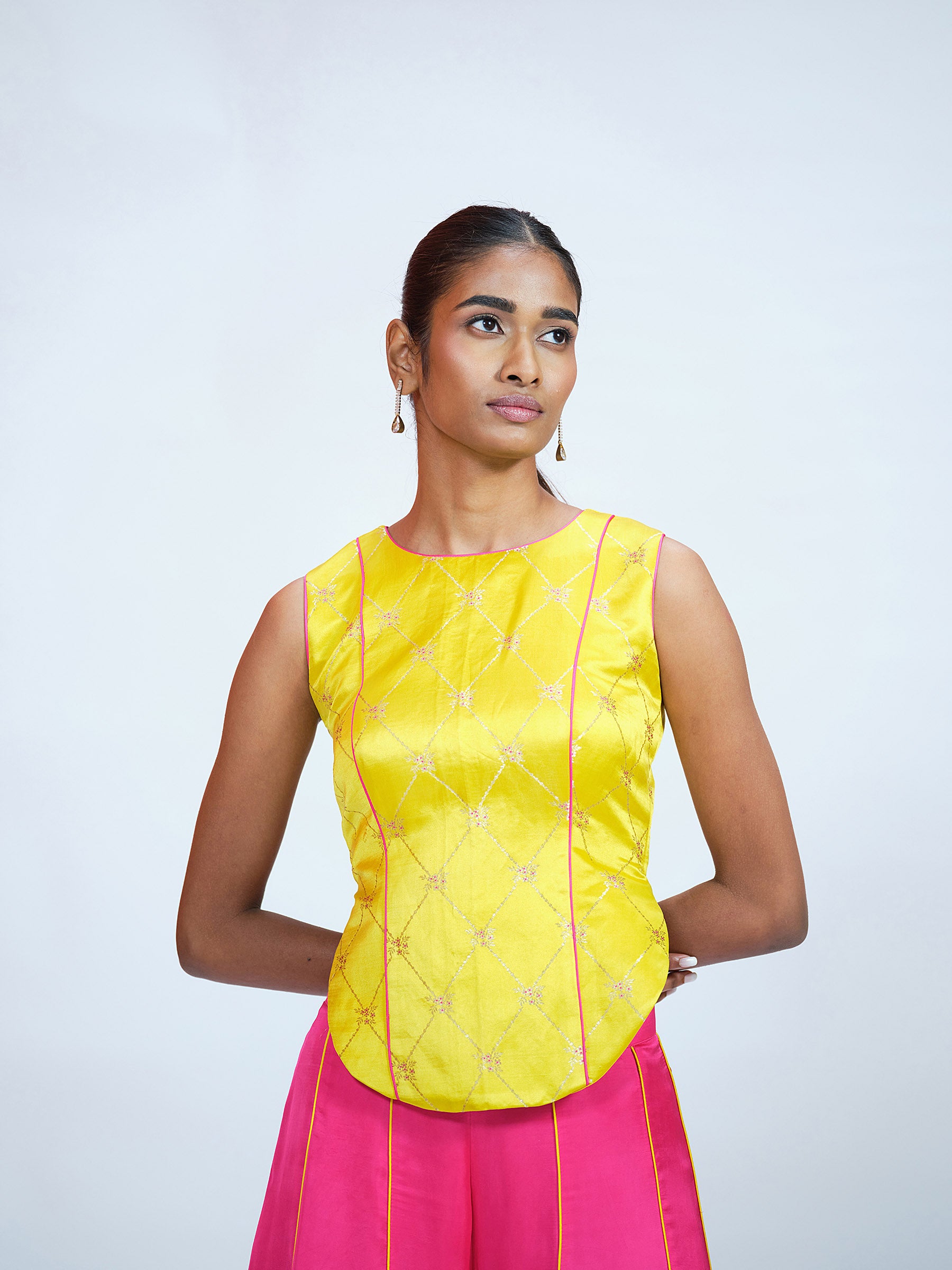 Yellow Brocade & Pink Palazzo Set