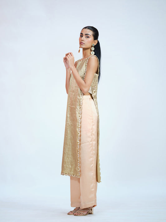Peach Tissue Brocade Kurta Set
