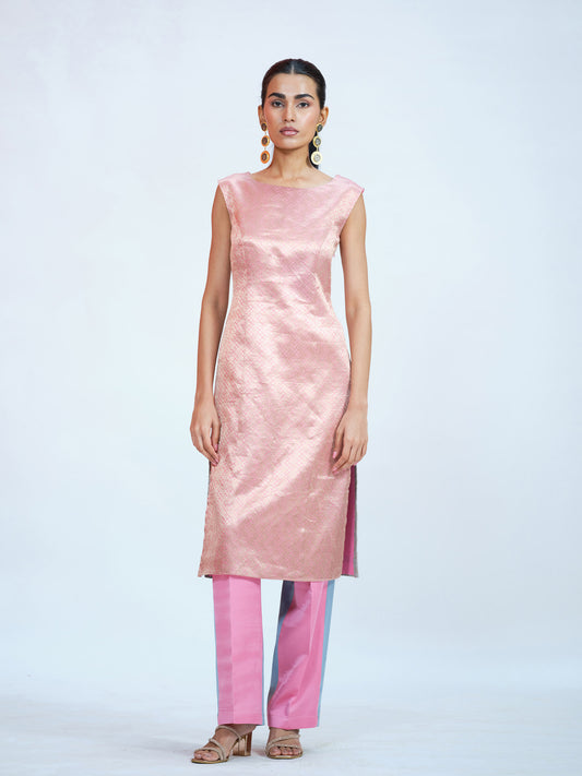 Pink Blue Brocade Kurta Set