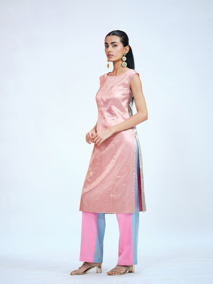Pink Blue Brocade Kurta Set