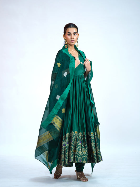 Green Silk-Brocade Anarkali Set