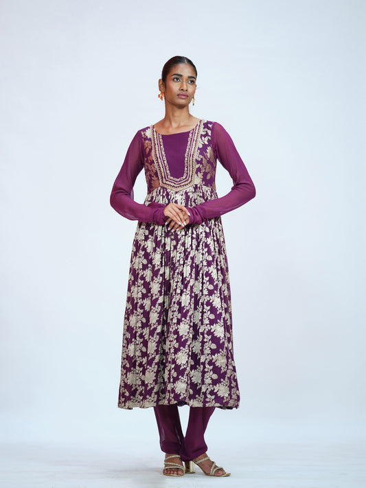 Beetroot Georgette Brocade Anarkali Set