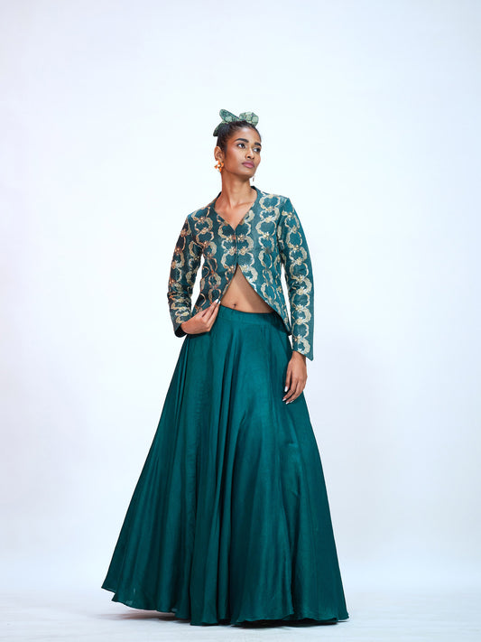 Silk Bottle Green Jacket-Lehenga