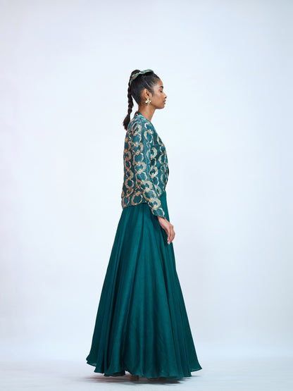 Silk Bottle Green Jacket-Lehenga