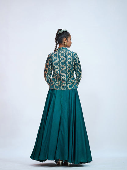 Silk Bottle Green Jacket-Lehenga