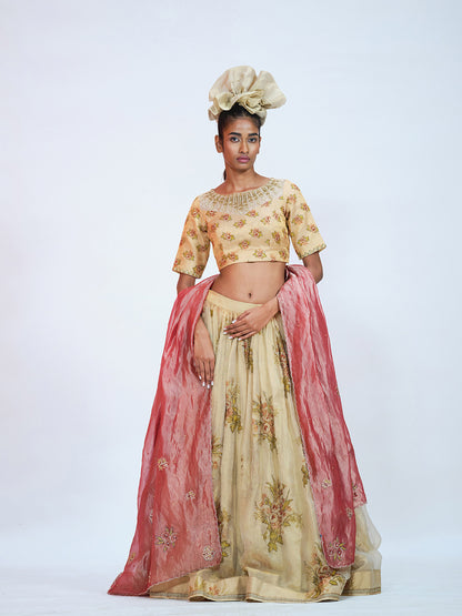 Floral Beige Tissue Lehenga