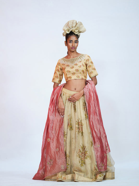 Floral Beige Tissue Lehenga