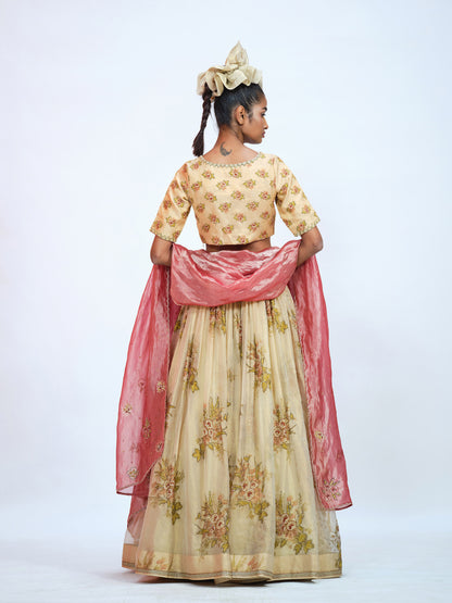 Floral Beige Tissue Lehenga