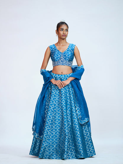Teal Blue Brocade Lehenga