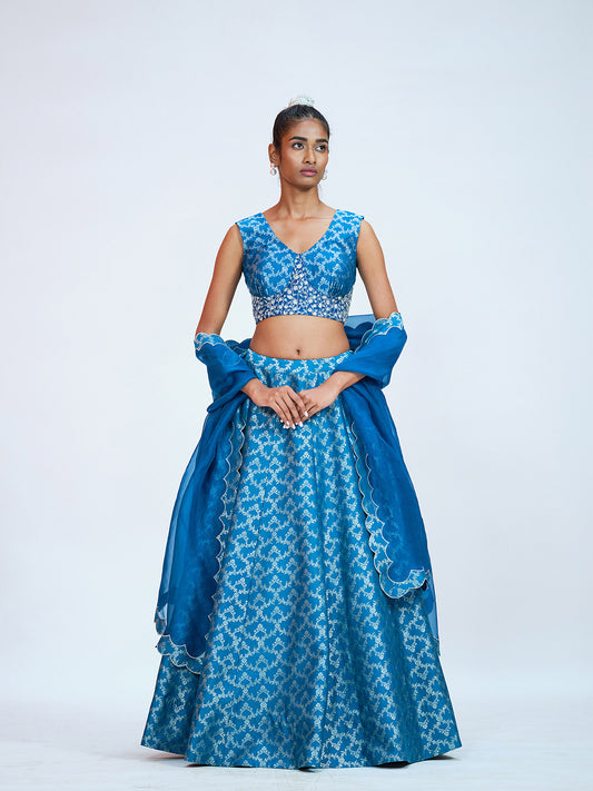Teal Blue Brocade Lehenga