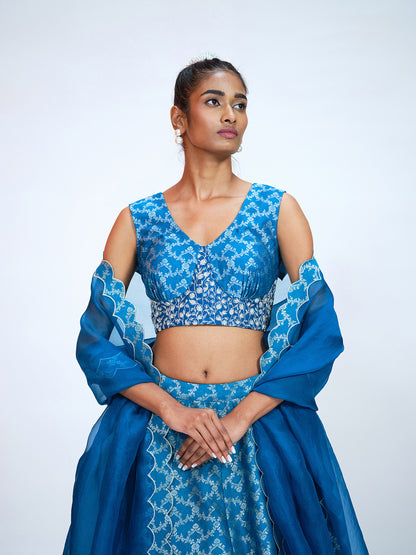 Teal Blue Brocade Lehenga