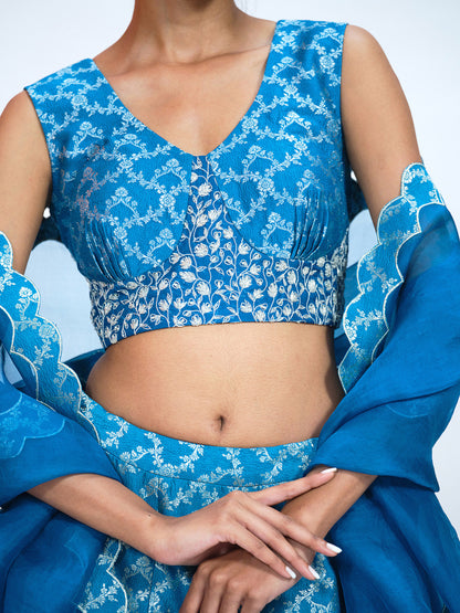Teal Blue Brocade Lehenga