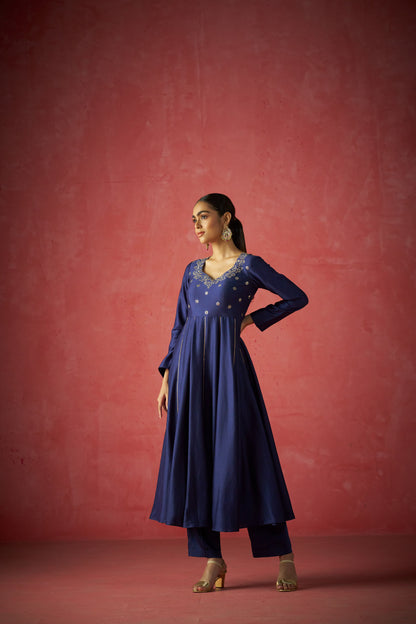 Dark Blue Anarkali, Pants And Dupatta With Hand Embriodered Details
